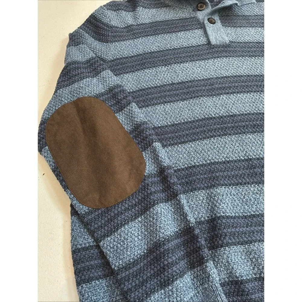 Chaps Sweater Mens Large Blue Mock Neck Henley 3 Button Elbow Patch Cotton